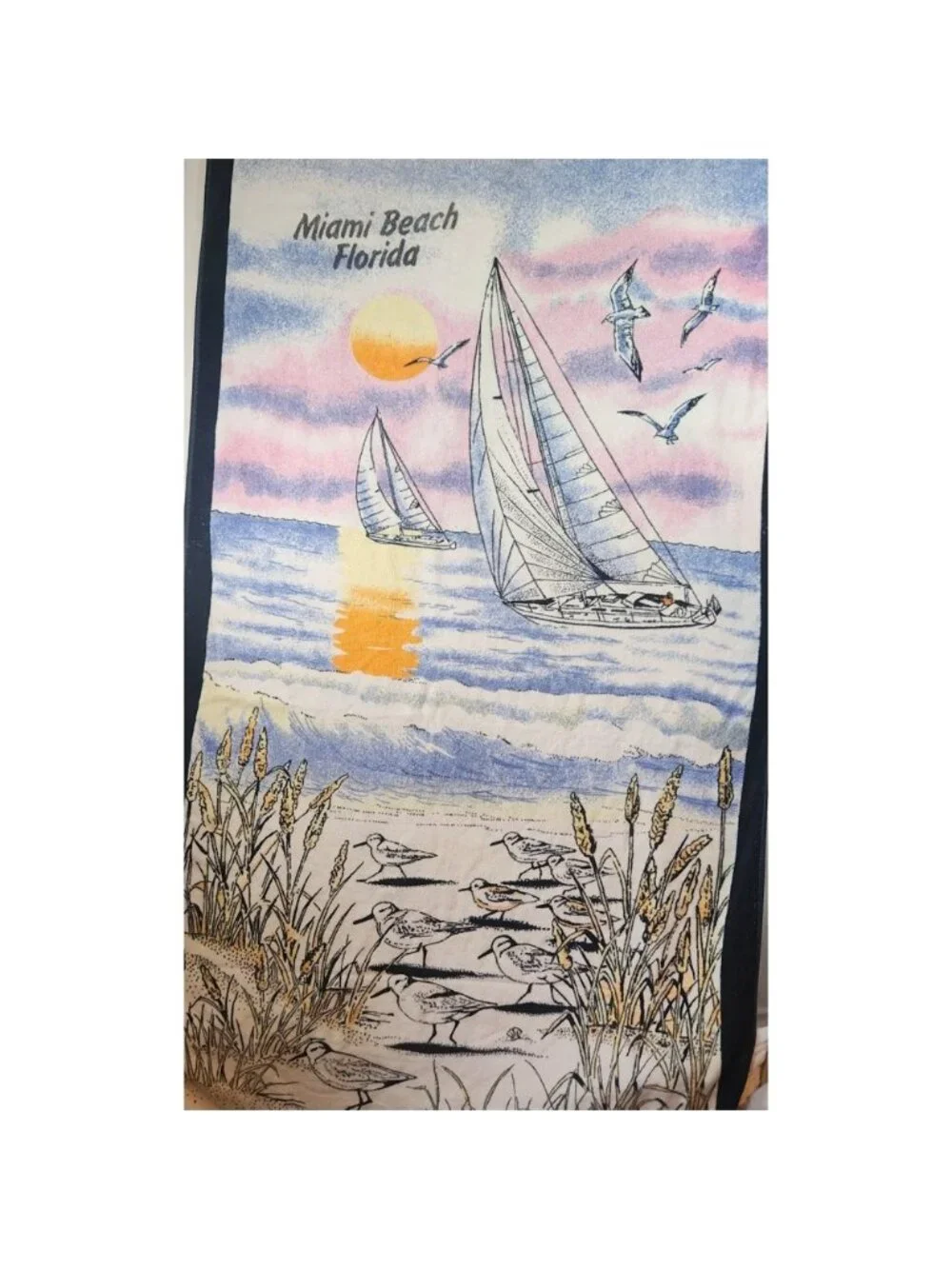 Vintage‎ Sherry Miami Beach Florida Sailboat Sunset Beach Towel Navy Blue 29x57